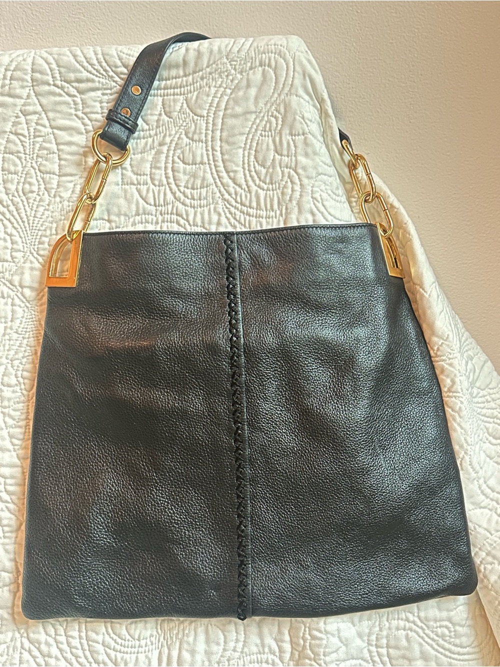 Black Leather Shoulder Bag with Gold Accents